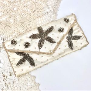 Vintage Satin Ivory Beaded Clutch